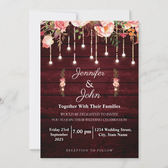 Convites Casamento Rústico em Madeira Marrom Floral (Frente)
