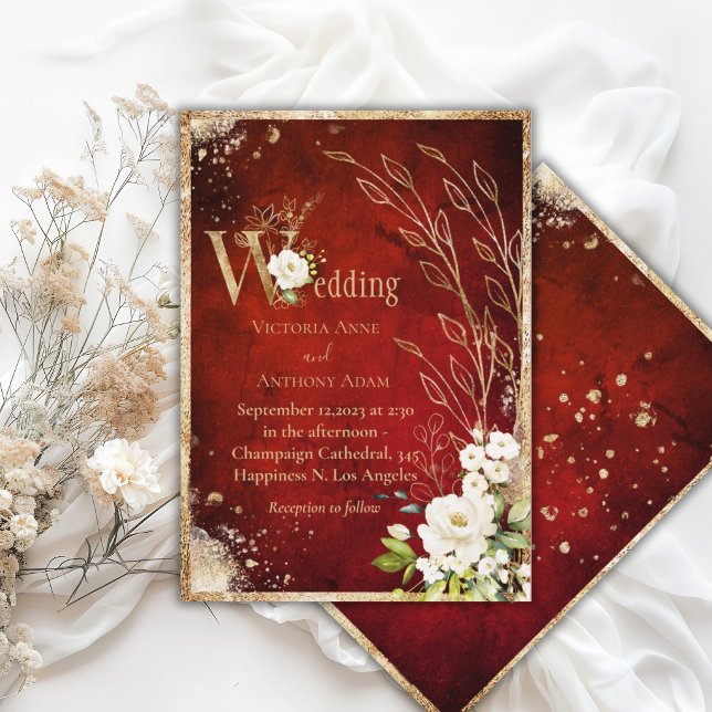 Convites Casamento Rústico Floral Branco Vermelho Dourado E (Criador carregado)