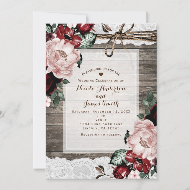 Convites Casamento Rústico Floral Glam com Madeira e Renda  (Frente)