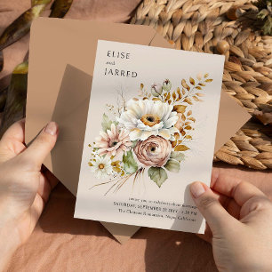 Convites Casamento Rústico Floral Marrom Neutro Simples Ele