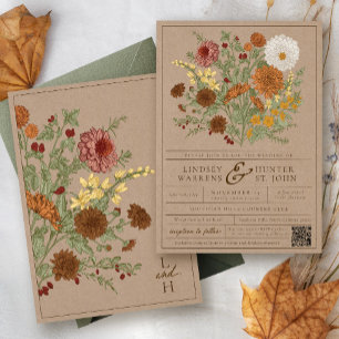 Convites Casamento Rústico Floral Outonal Kraft Vintage de 