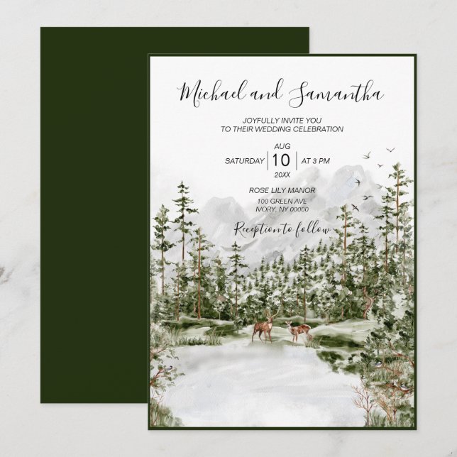 Convites Casamento Rústico Floresta Montanha Aquarela (Frente/Verso)