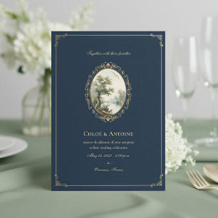 Convites Casamento Rústico Francês em Azul Marinho e Dourad