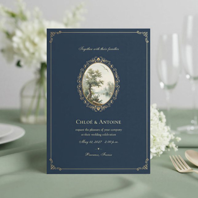 Convites Casamento Rústico Francês em Azul Marinho e Dourad (Criador carregado)