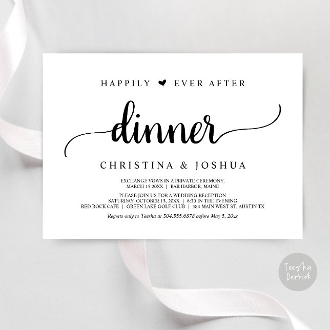 Convites Casamento Rústico Fuga Felizes para Sempre Jantar (Happily Ever After Dinner Invitation Card, Modern Elopement Rustic Script, PDF, Black and White)
