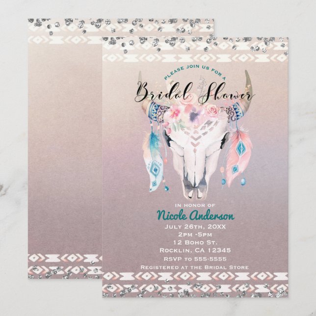 Convites Casamento Rústico Glam Boho Floral Crânio de Vaca (Frente/Verso)