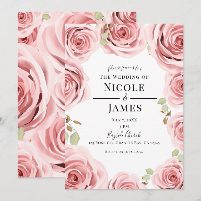 Convites Casamento Rústico Glam Rosa Shabby Chic Floral Ros (Frente/Verso)