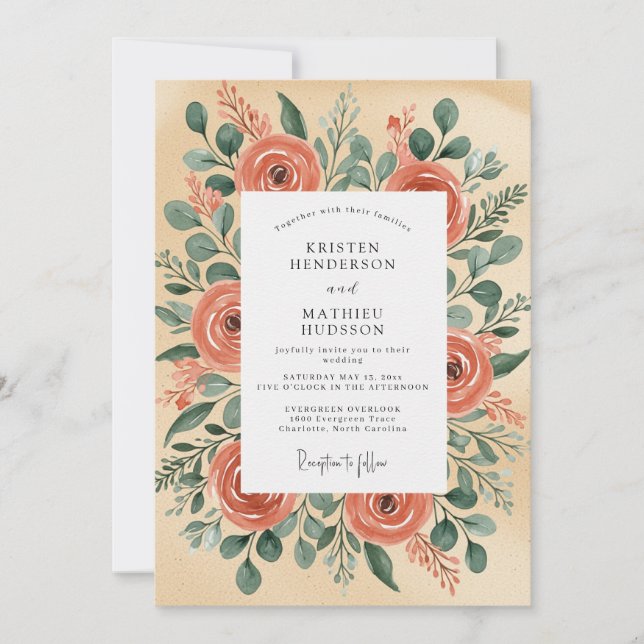 Convites Casamento Rústico Ilustrativo de Pêssego (Frente)