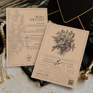 Convites Casamento Rústico Kraft Floral Vintage Tudo-em-Um