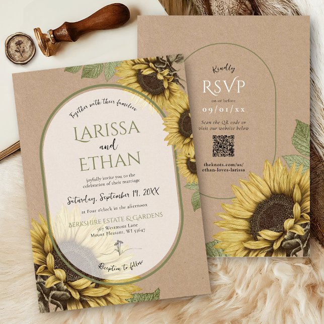 Convites Casamento Rústico Kraft Vintage Girassol Simples B (Vintage sunflower rustic kraft sage green modern fall botanical wildflower QR code wedding invite)