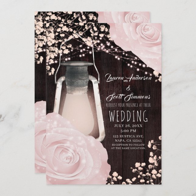 Convites Casamento Rústico Lanterna Bebê Rosa Rosas Rosa (Frente/Verso)