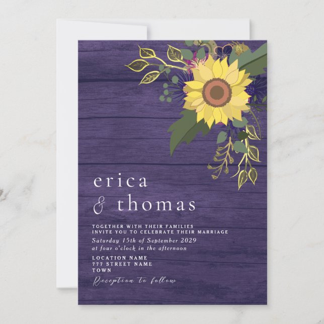 Convites Casamento Rústico Lilás com Girassóis (Frente)