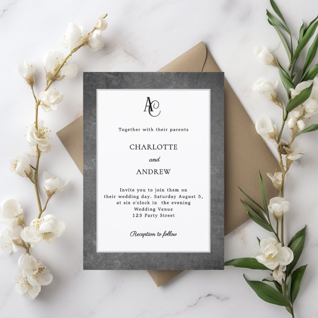 Convites Casamento rústico moderno monograma cinza branco (Criador carregado)