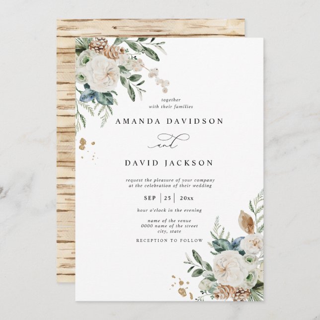 Convites Casamento Rústico Natural Pine Greenery & Red Berr (Frente/Verso)