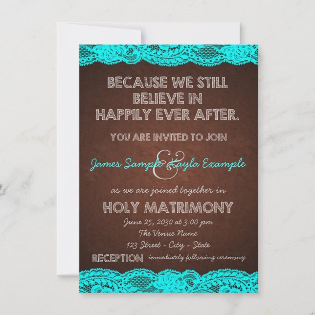 Convites Casamento Rústico no Campo com Azul Teal e Marrom (Frente)