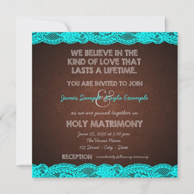 Convites Casamento Rústico no Campo com Azul Teal e Marrom (Frente)