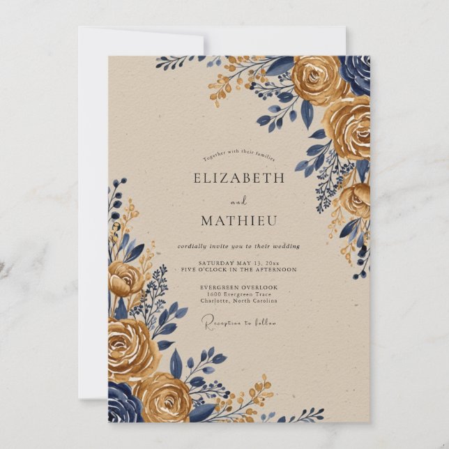 Convites Casamento Rústico Ornamentado em Dourado e Azul Ma (Frente)