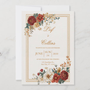 Convites Casamento Rústico Outonal com Flores em Dourado e