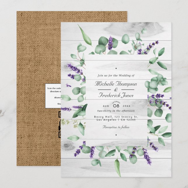 Convites Casamento Rústico País Eucalipto Lavanda Código QR (Frente/Verso)