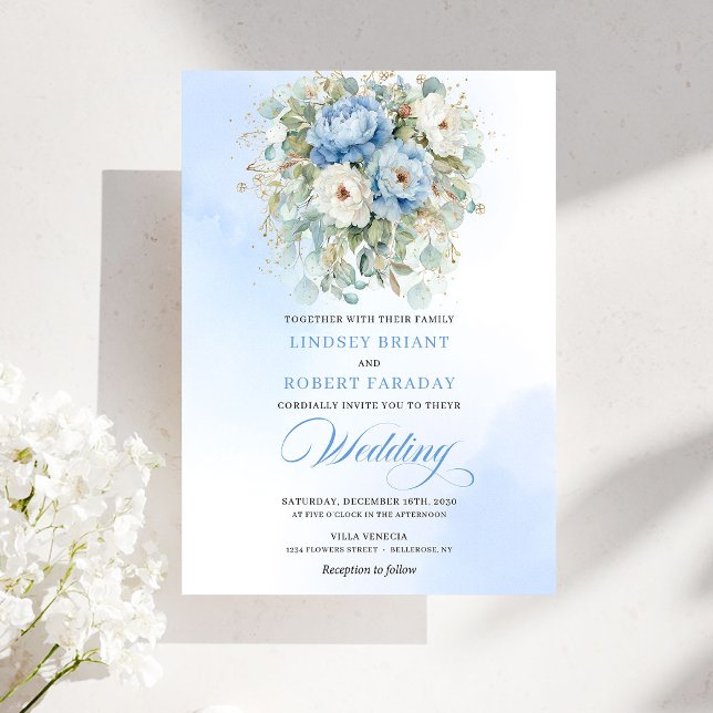 Convites Casamento Rústico Pastel Azul Branco Peônia Eucali (Rustic Pastel Blue White Peony Eucalyptus Gold Wedding)