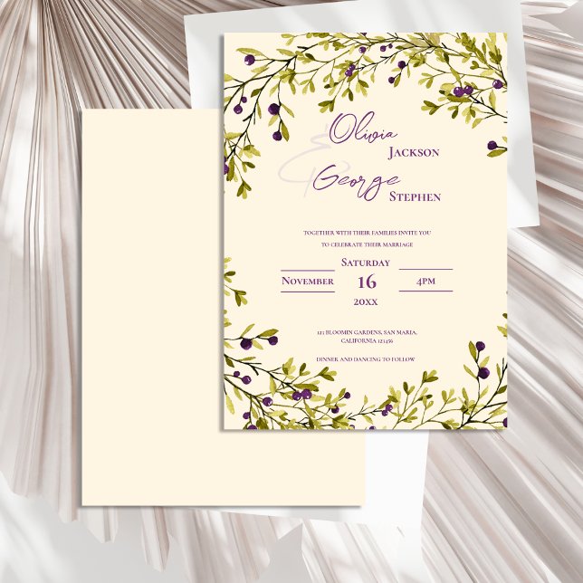 Convites Casamento Rústico Romântico com Folhas de Mirtilo  (Romantic Rustic Purple Berry Leaves Wedding Invitation)