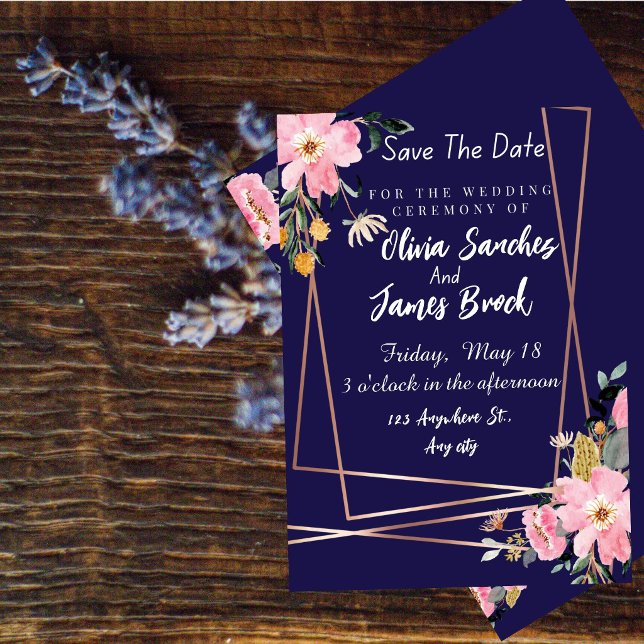 Convites Casamento Rústico Rosa Floral Azul Marinho (Criador carregado)