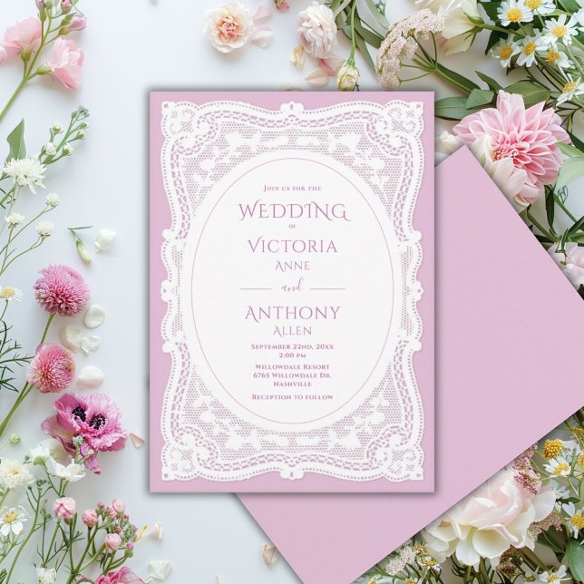 Convites Casamento Rústico Roxo com Renda Branca Vintage (Criador carregado)
