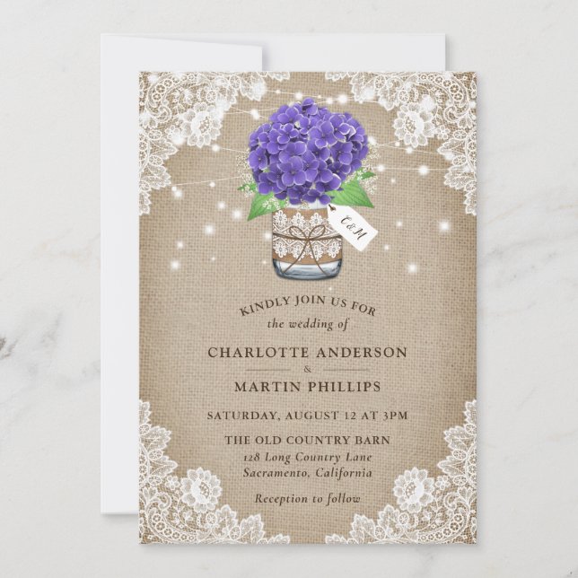 Convites Casamento Rústico Roxo Hydrangea Burlap Lace (Frente)