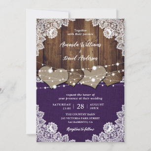 Convites Casamento Rústico Roxo-Roxo De Madeira Burlap Lace