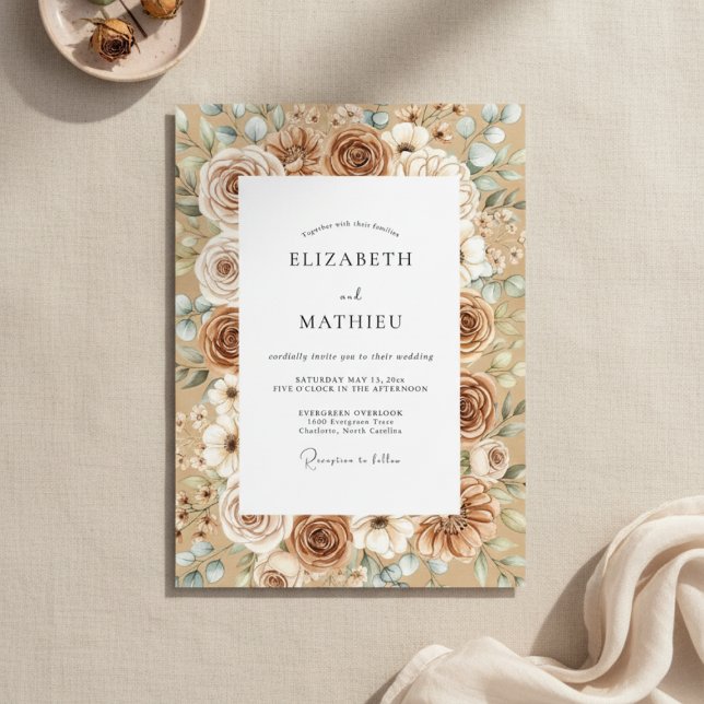 Convites Casamento Rústico Taupe e Branco em Flor (Criador carregado)