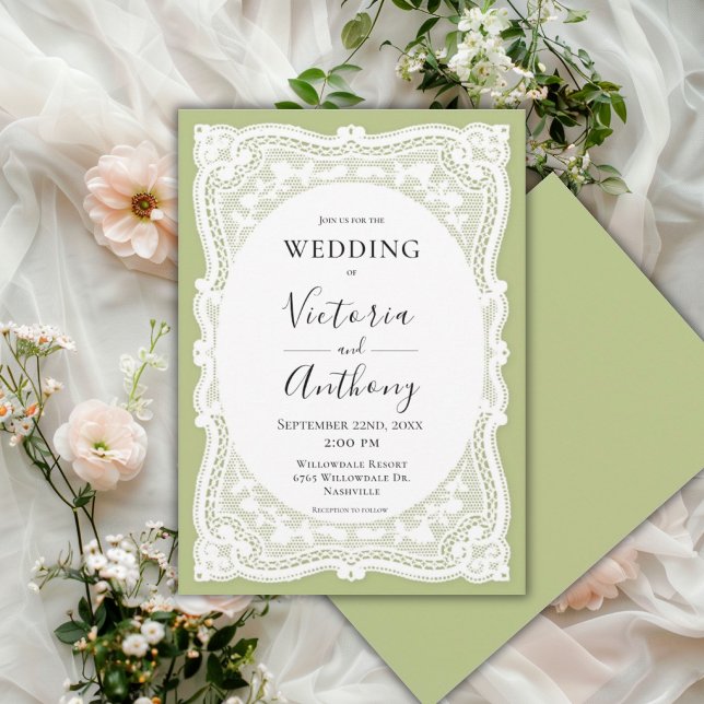 Convites Casamento Rústico Verde com Renda Branca Vintage (Criador carregado)