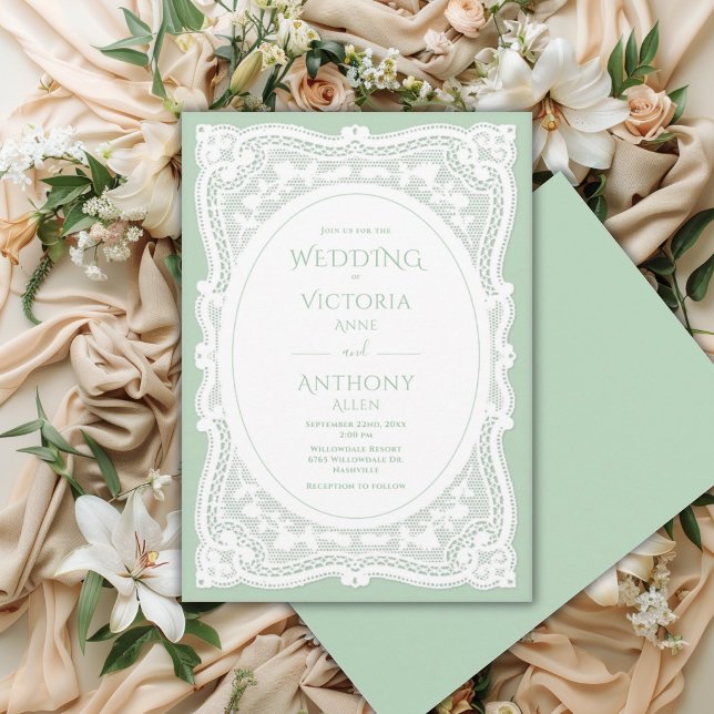 Convites Casamento Rústico Verde com Renda Branca Vintage (Criador carregado)