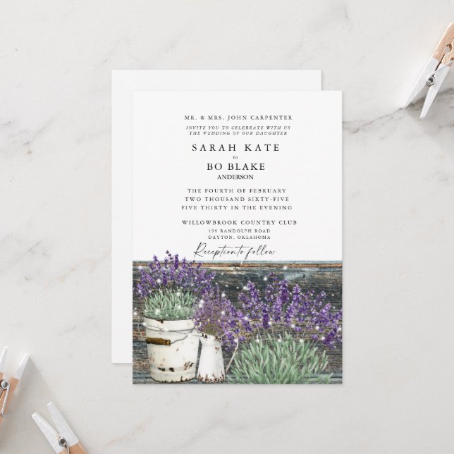 Convites Casamento Rustico Vintage Lavanda Luzes de Madeira (Frente/Verso In Situ)