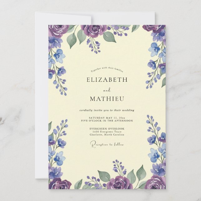Convites Casamento Rústico Violeta com Folhas de Vinca (Frente)