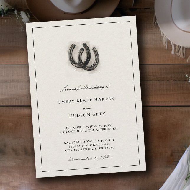 Convites Casamento Rústico Western Vintage Cavalos Ferradur (western wedding invitation cowboy country horseshoes horse lovers vintage black white elegant)