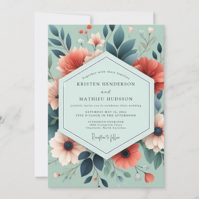 Convites Casamento Sage Coral Artful Bloom (Frente)
