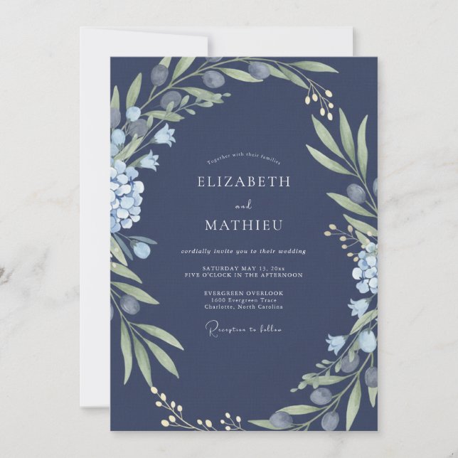 Convites Casamento Sage Folhagem Azul Meia-Noite (Frente)