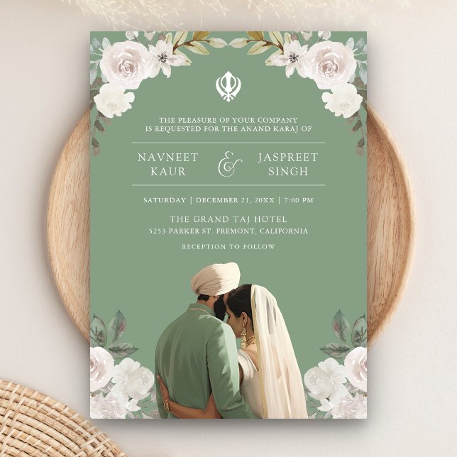 Convites Casamento Sage Green Floral Anand Karaj Indian Sik (Criador carregado)