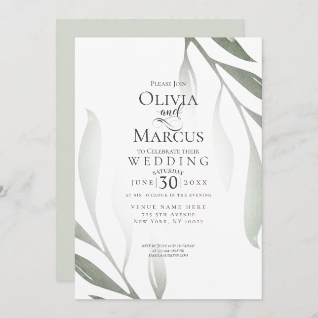 Convites Casamento | Sage Green Olive Branch Leaf (Frente/Verso)
