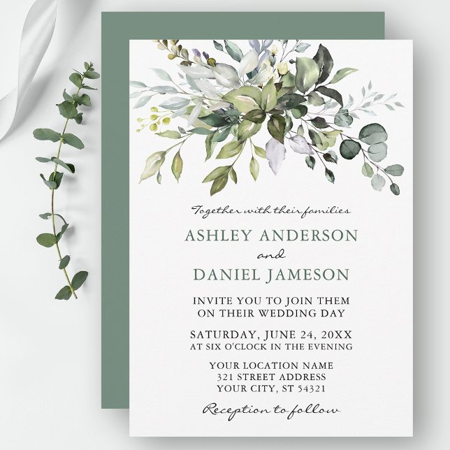 Convites Casamento Sage Green Watercolor Greenerescência Bo (Customize to change text color, style, add text & photos to back or change color of back of card.)