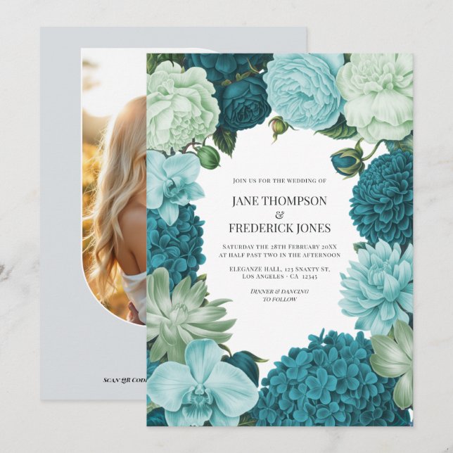 Convites Casamento Sage Mint, Ocean Teal & Ice Bluebell (Frente/Verso)