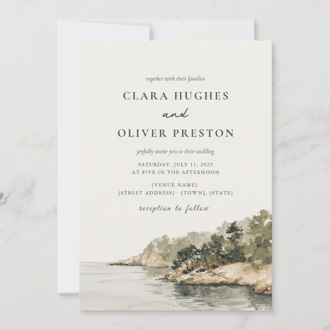 Convites Casamento Sage Olive Pine Script na Costa de Maior (Frente)