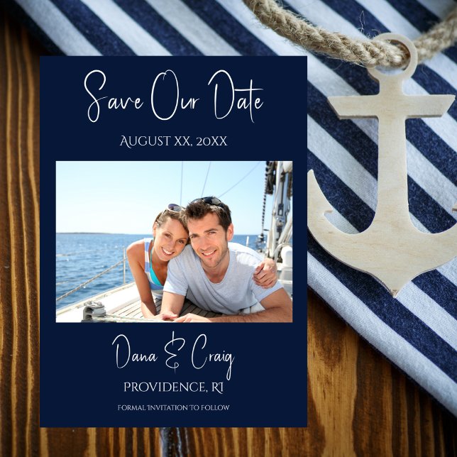 Convites Casamento Salva A Data Fotografia Marinho Náutico (Wedding Save The Date Photo Nautical Navy Invitation)