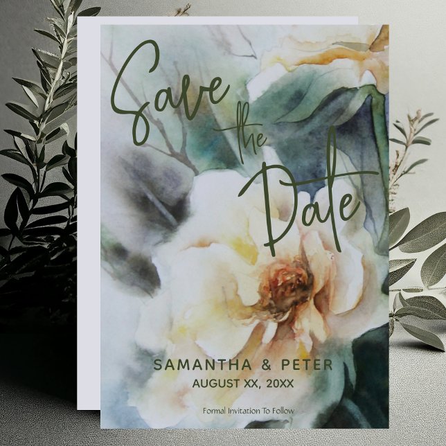 Convites Casamento Salvar A Data Rosas De Aquarela Verde (Wedding Save The Date Watercolor Roses Sage Green Invitation)