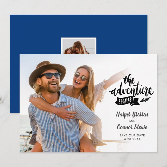 Convites Casamento Salve a Data 2 Foto da Aventura Começa (Frente/Verso)