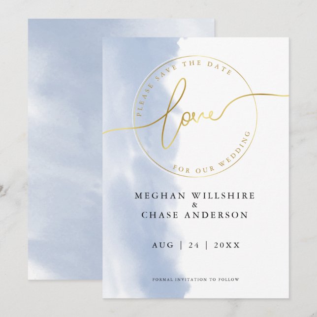 Convites CASAMENTO | Salve a Data Aquarela Azul Poeira (Frente/Verso)