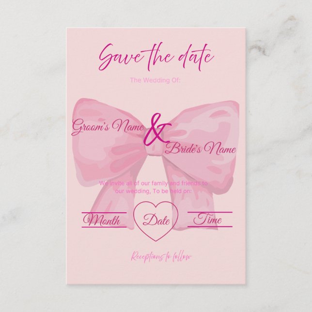 Convites Casamento "Salve a Data" com Laço Rosa Elegante  (Frente)