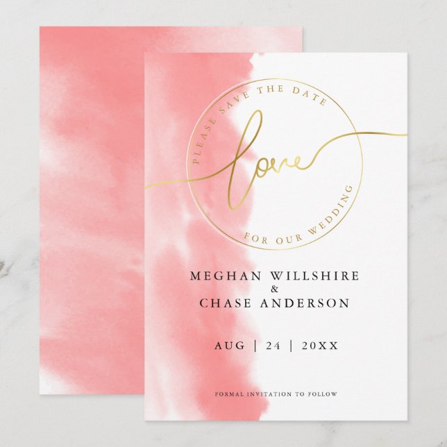 Convites CASAMENTO | Salve a Data Coral Rosa Aquarela (Frente/Verso)