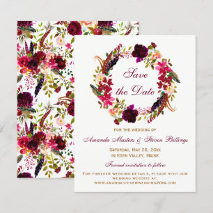Convites Casamento Salve a Data - Floral Borgonha, Penas
