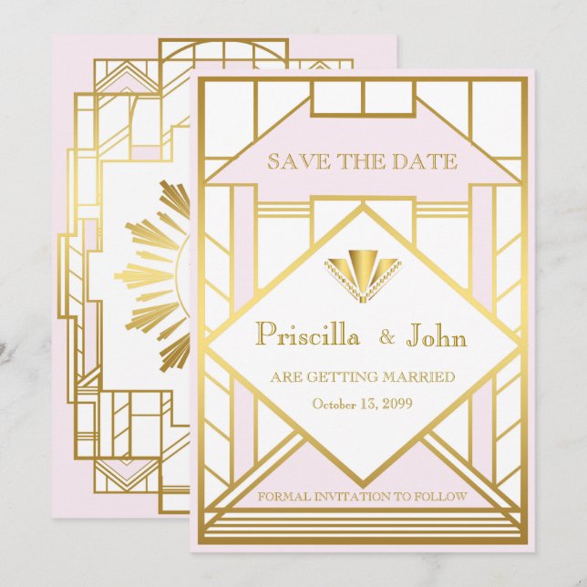 Convites Casamento Salve a Data, Grande Gatsby, ouro branco (Frente/Verso)